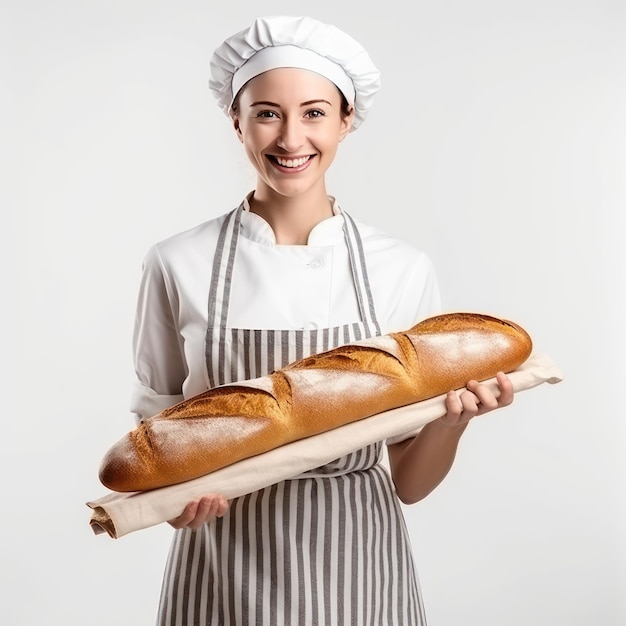 갓 구운 바게트를 들고 클래식한 흰색 앞치마를 입은 제빵사 프랑스 출신의 젊은 여성