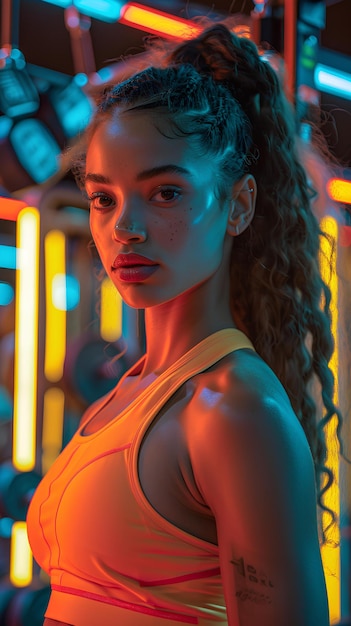 A young woman in front of neon sport lighting