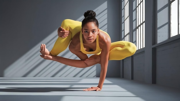 Young woman in full version of vasisthasana pose grey studio