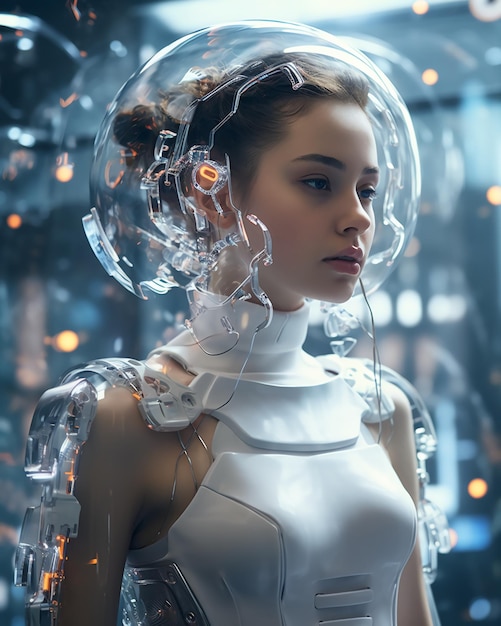 将来の若い女性はコンピューターデータ回路を備えた彼女の服と相互接続されています