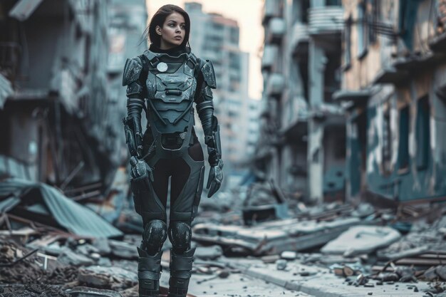 A young woman in futuristic battle armor standing on a destroyed street after a cosmic war