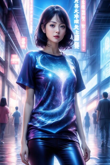 Photo young woman in futuristic city with illuminated skyline