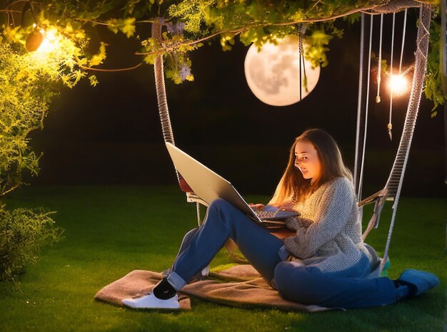 A young woman in a garden swing chair her laptop illuminated by the soft light of the moon