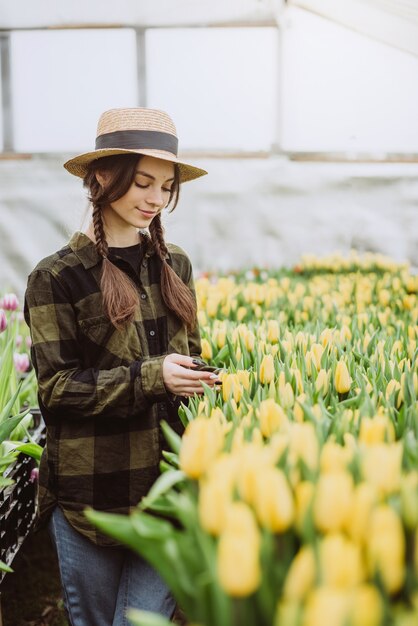 Young woman gardener caring for flowers of tulips grown in a greenhouse.