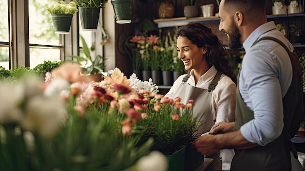 A young woman gardener joyfully tends to flowers in a shop wearing a bright smile as she works