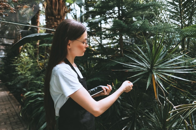 Young woman gardener with digital tablet working in greenhouse