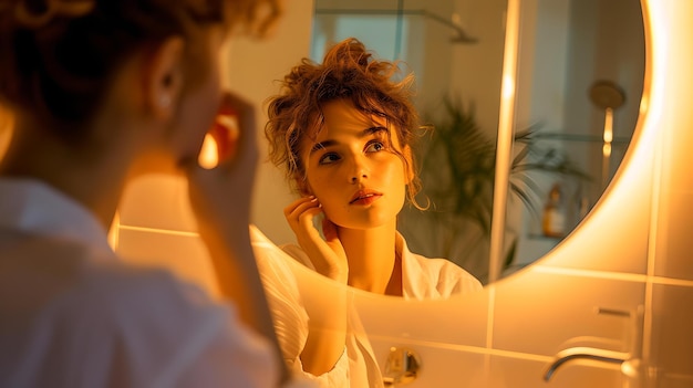 Молодая женщина смотрит в зеркало теплое освещение рутина личной гигиены современный образ жизни портрет ИИ