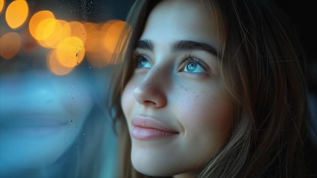 Foto giovane donna che guarda all'aperto con sguardo sognante e luci bokeh