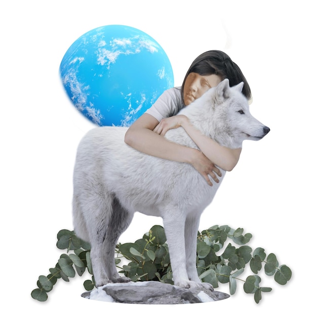 白いオオカミを抱きしめる若い女の子 地球は月として空にぶら下がっている