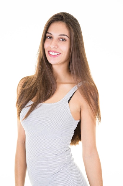 Young woman girl in slim beauty grey dress on white background