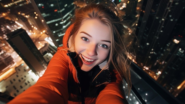 A young woman a girl takes a photo of a selfie on the roof of a skyscraper against the backdrop of a snow big city on a winter night Extreme risky photography