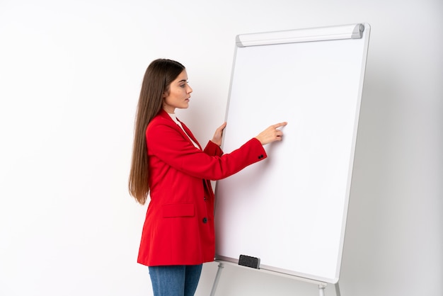 Young woman giving a presentation on white board giving a presentation on white board