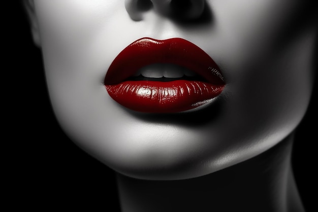 Young Woman Glamorous Red Lips in Studio Shot with Shiny Black Background