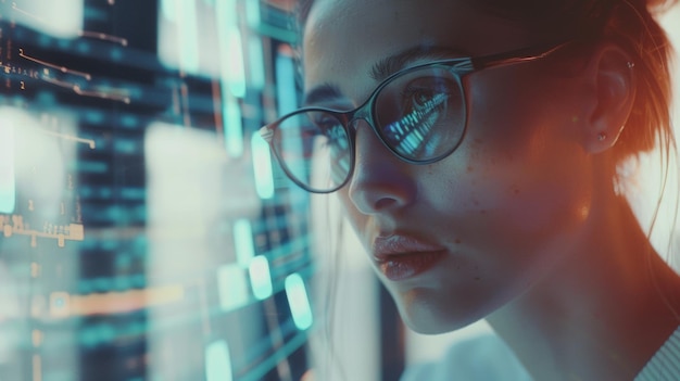 A young woman in glasses focuses intently on futuristic data projections