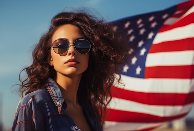 Молодая женщина в очках с американским флагом