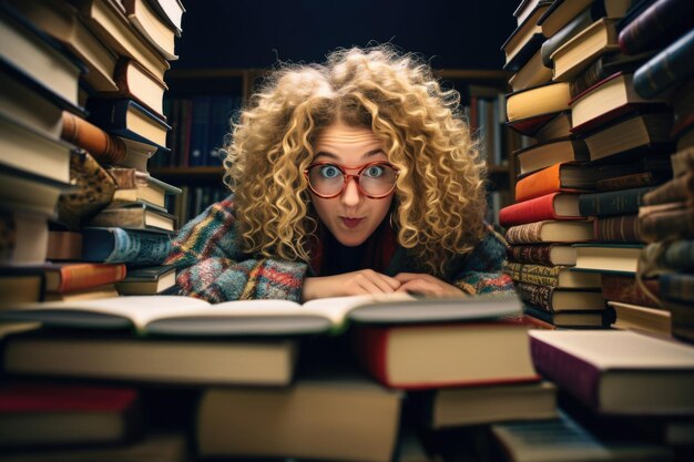 A young woman in glasses sits in the library surrounded by books immersed in learning her passion for literature evident