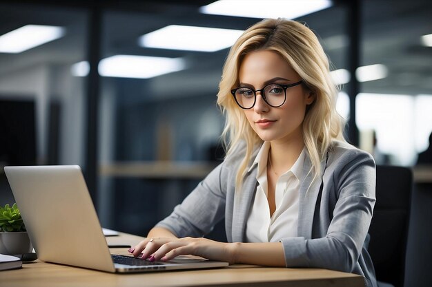 A young woman in glasses works behind a laptop at the workplace ar c v