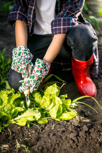 young woman in gloves working in garden with metal spade