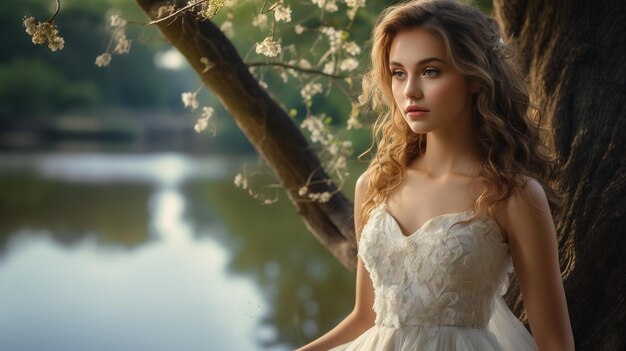 Young woman in gown sitting under a tree in forest posing for photoshoot Generative AI