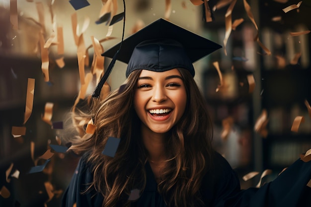 Young woman graduate in cap smiles against confetti background