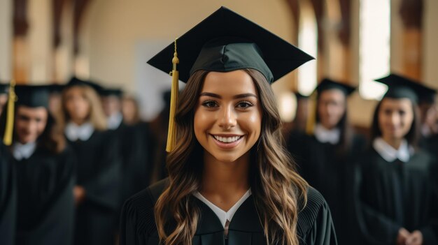 卒業式の帽子とドレスを着た若い女性が他の卒業生のグループに立ってカメラに笑顔を浮かべています
