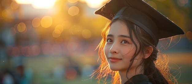 A Young Woman in a Graduation Cap Smiles at the Sunset