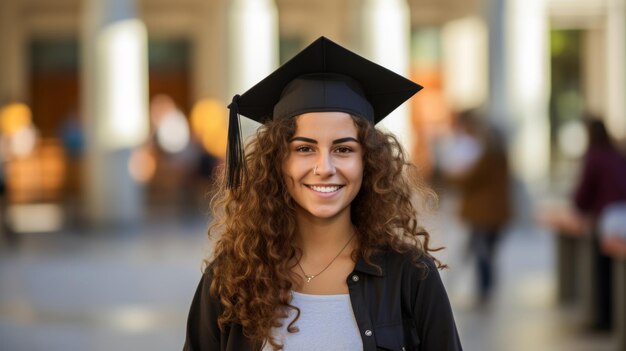 Photo a young woman in a graduation cap smiling