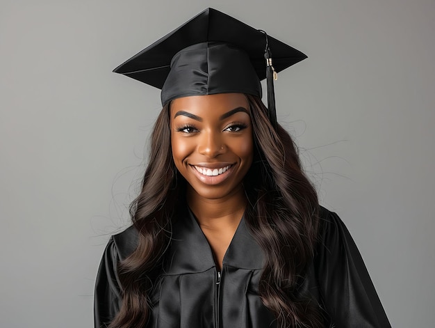 A young woman in a graduation gown smiling