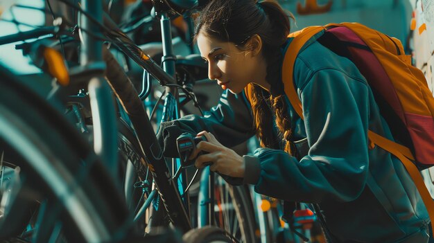 Foto una giovane donna con una felpa grigia e uno zaino arancione sta chiudendo la sua bicicletta in un supporto per biciclette in città