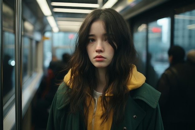 a young woman in a green jacket and yellow hoodie standing on a subway platform