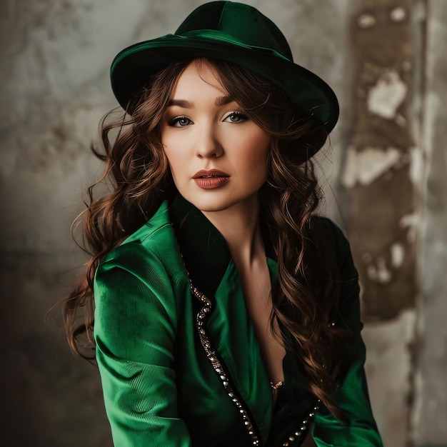 Young woman in green outfit and hat against the wall The green color symbol of St Patricks Day