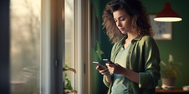 Young woman in a green sweater using a mobile phone by the window in her country hou Generative AI