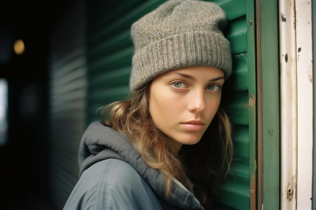 a young woman in a grey hat and jacket leaning against a wall