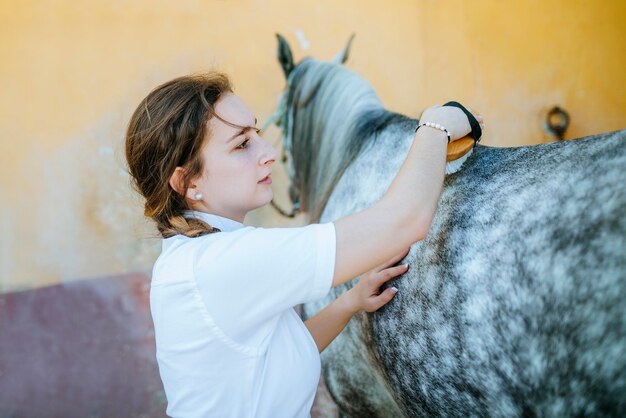 Young woman grooming horse