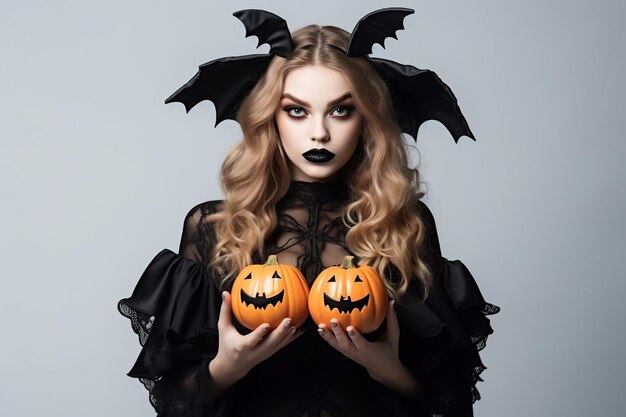 Young woman in halloween costume with pumpkin on grey background