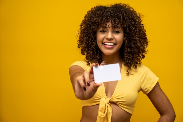 Young woman hand hold blank white card mockup