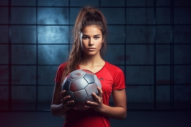 Young Woman Handball Player Posing with Ball Generative Ai