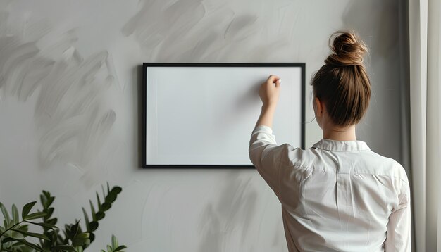 Photo young woman hanging blank frame on light wall at home back view