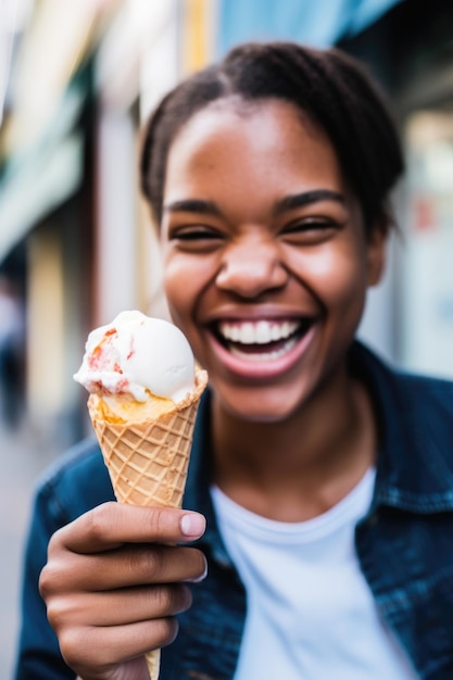 A young woman happily holding a cone of ice cream created with generative ai