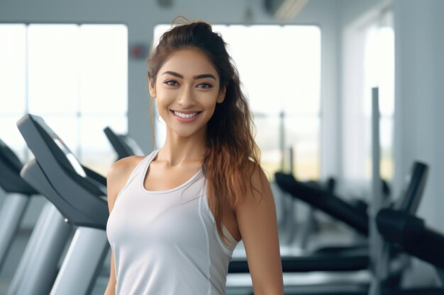 young woman happy expression in a gym fitness teacher concept ai generated