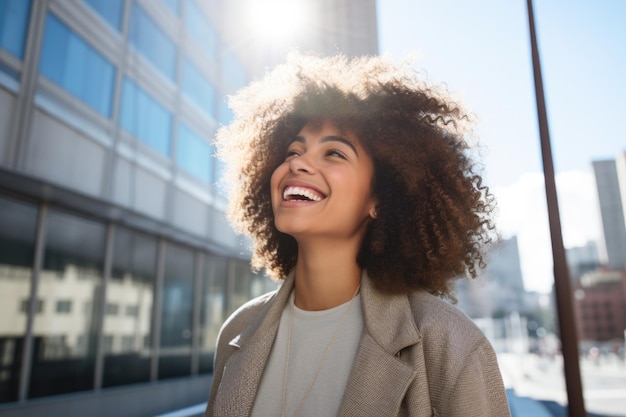 young woman happy expression outdoors in a city ai generated