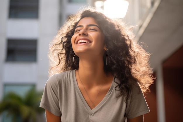 young woman happy expression outdoors in a city ai generated