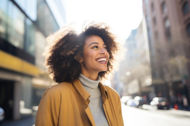 young woman happy expression outdoors in a city ai generated