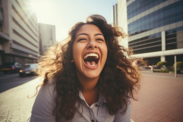 young woman happy expression outdoors in a city ai generated