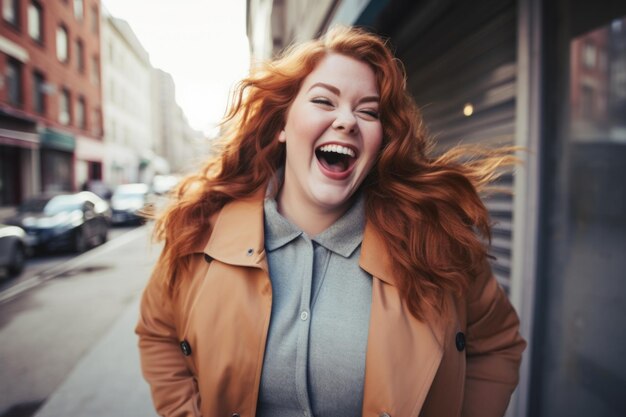 young woman happy expression outdoors in a city ai generated