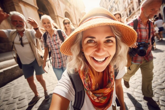 Foto concetto di viaggiatore di espressione felice della giovane donna generato ai