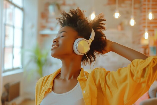 Photo young woman happy and fun dance in room