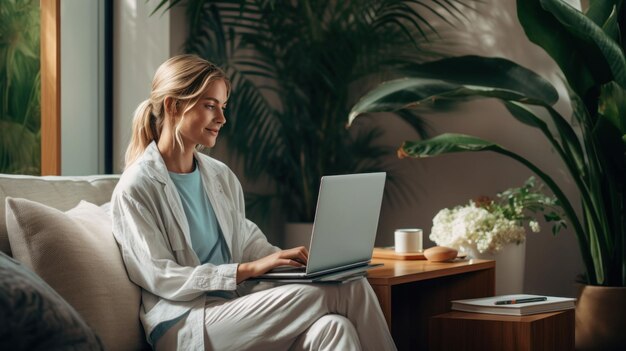 Young woman happy working on the laptop in the modern condominium comfortable