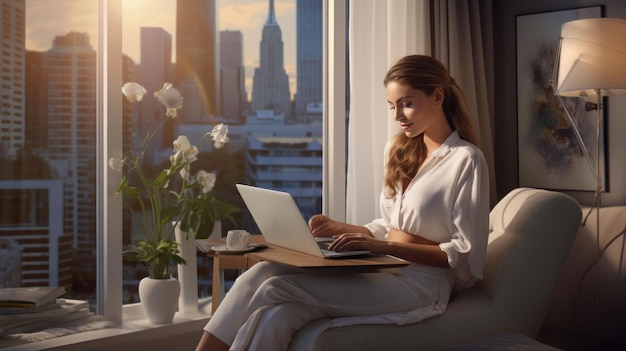 Young woman happy working on the laptop in the modern condominium comfortable