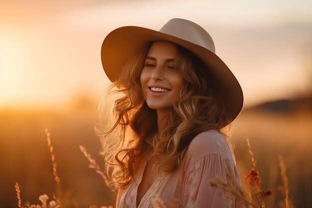 A young woman in a hat in a field at sunset